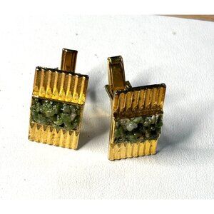 Vintage Gold-Tone Cufflinks With Textured Green Stone Inlay Rectangular Design